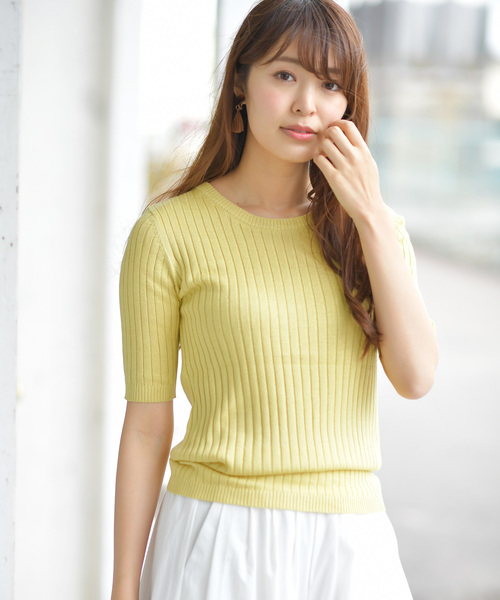 rps(アールピーエス)の「ワイドリブクルーネック5分袖ニットプルオーバー(ニット/セーター・レディース・ネイビー/レッド/オフホワイト/ピンク/ブラック/杢グレー/イエロー/ベージュ系その他・L/M)」の6枚目の写真