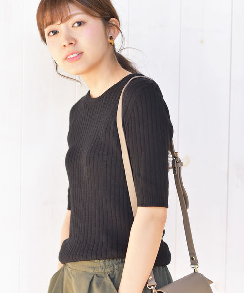 rps(アールピーエス)の「ワイドリブクルーネック5分袖ニットプルオーバー(ニット/セーター・レディース・ネイビー/レッド/オフホワイト/ピンク/ブラック/杢グレー/イエロー/ベージュ系その他・L/M)」の3枚目の写真