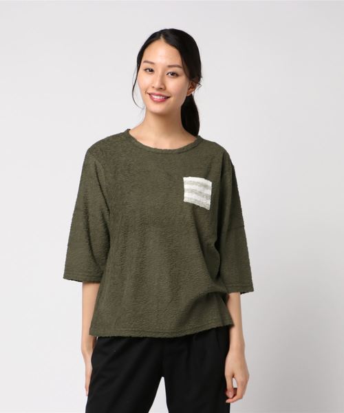 KID BLUE（キッドブルー）の「キッドブルー -18スラブパイル無地 -7分丈トップス -KRKN554 -kidblue（Tシャツ/カットソー・レディース・サックスブルー/カーキ・R(レギュラー)）」の2枚目の写真