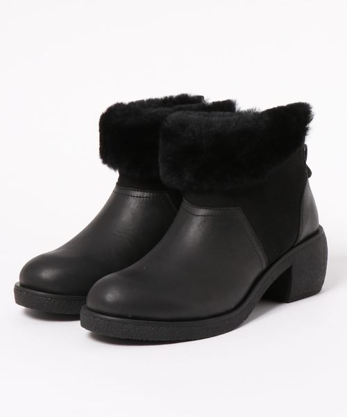 Hina Day Green(ヒナデイグリーン)の「太ヒールふわふわファーショートブーツ(ブーツ・レディース・ダークグレー/ダークカーキ/ブラック・22.5cm/23cm/23.5cm/24cm/24.5cm/25cm/22cm)」の1枚目の写真
