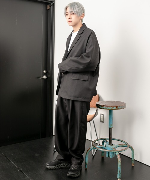 PUBLUX(パブリュクス)の「PUBLUX/パブリュクス オーバーサイズ スタプレ セットアップ/ビッグシルエット SET UP/シングルジャケット/ワイドパンツ(テーラードジャケット)」|ブラック