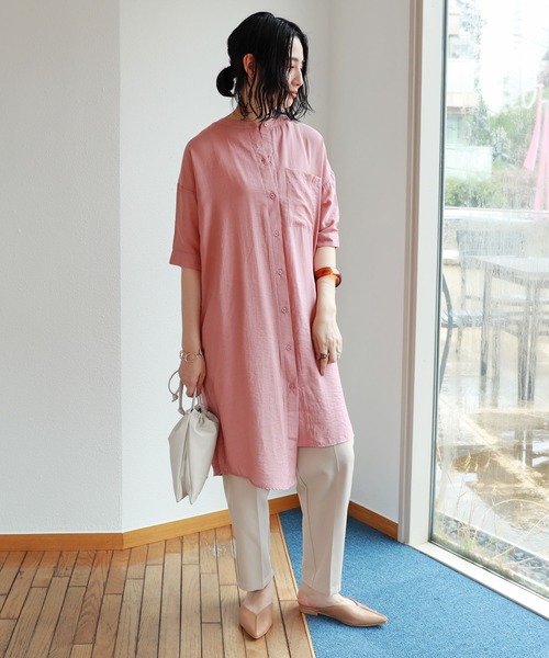 andme（アンドミー）の「シアー半袖アシンメトリーシャツワンピース（シャツワンピース・レディース・オフホワイト/ライトベージュ/ピンク/ブルー・M）」の8枚目の写真