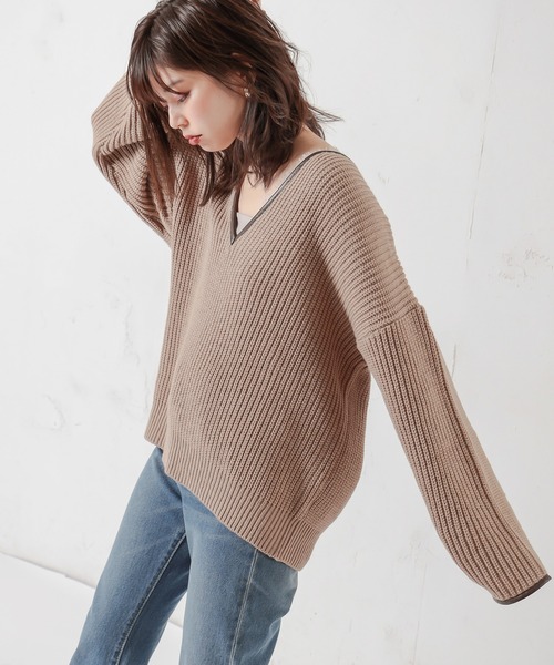 natural couture(ナチュラルクチュール)の「パイピングニット(ニット/セーター・レディース・ベージュ/ブラウン/ミント・FREE)」の2枚目の写真