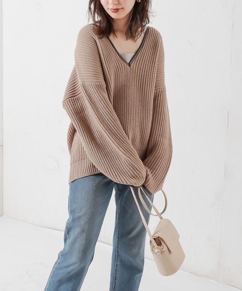 natural couture(ナチュラルクチュール)の「パイピングニット(ニット/セーター・レディース・ベージュ/ブラウン/ミント・FREE)」の4枚目の写真