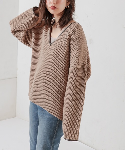 natural couture(ナチュラルクチュール)の「パイピングニット(ニット/セーター・レディース・ベージュ/ブラウン/ミント・FREE)」の5枚目の写真