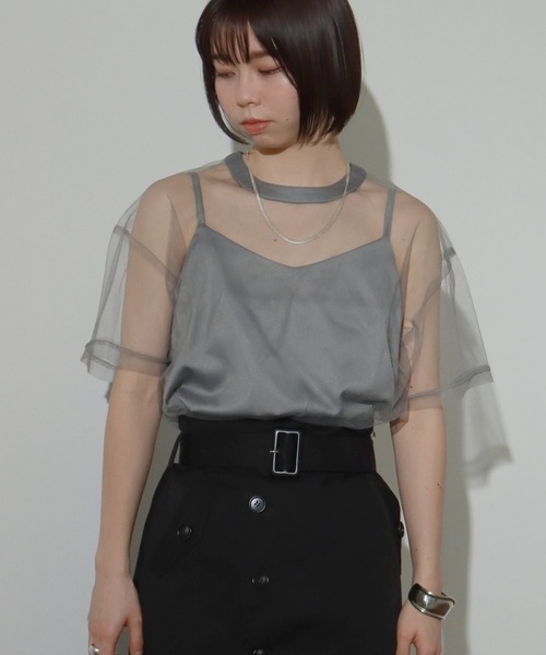 AULI（アウリィ）の「【低身長向けサイズ】チュールTシャツ＋キャミソールセット（Tシャツ/カットソー・レディース・ブラック/グレー/カーキ・XS）」の3枚目の写真