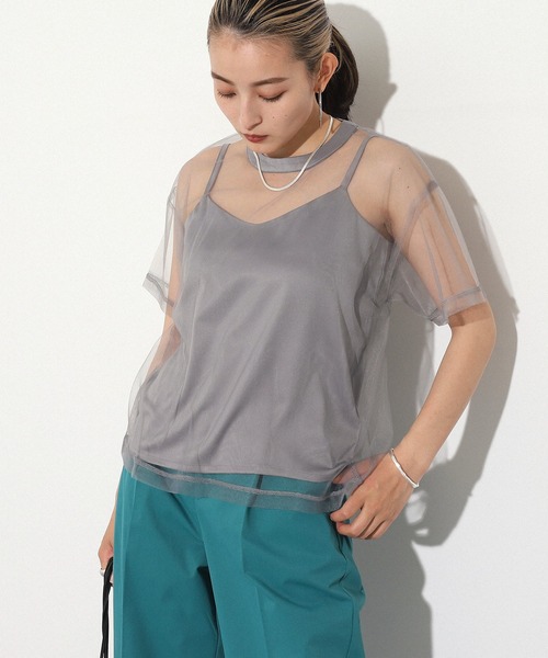 AULI（アウリィ）の「【低身長向けサイズ】チュールTシャツ＋キャミソールセット（Tシャツ/カットソー・レディース・ブラック/グレー/カーキ・XS）」の4枚目の写真