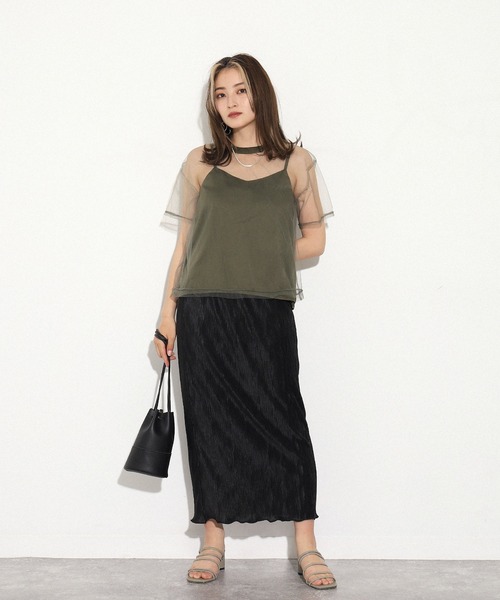 AULI（アウリィ）の「【低身長向けサイズ】チュールTシャツ＋キャミソールセット（Tシャツ/カットソー・レディース・ブラック/グレー/カーキ・XS）」の6枚目の写真