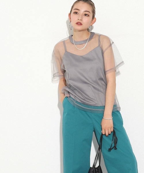 AULI（アウリィ）の「【低身長向けサイズ】チュールTシャツ＋キャミソールセット（Tシャツ/カットソー・レディース・ブラック/グレー/カーキ・XS）」の8枚目の写真