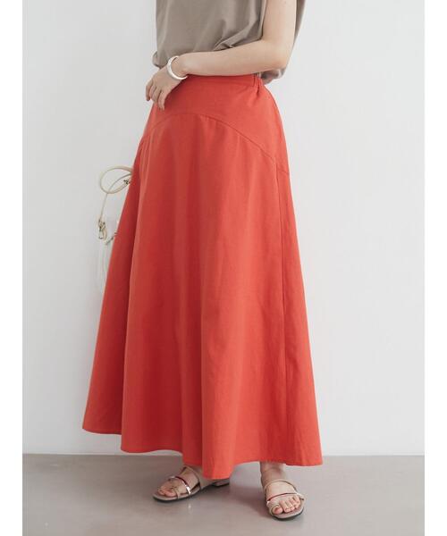 Green　Parks（グリーンパークス）の「ベルギーリネンブレンド 切替スカート＊（スカート・レディース・チャコールグレー/オレンジ/グリーン/モカ・FREE）」の4枚目の写真