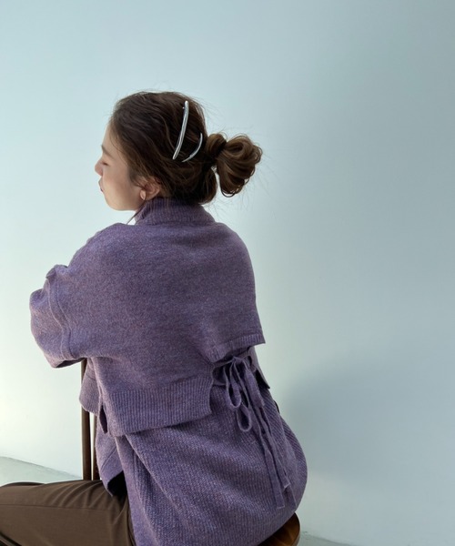 y/m by misato（イムバイミサト）の「ミックスヤーンレイヤードトップス（ニット/セーター・レディース・パープル/ブラウン/グレイッシュベージュ・FREE）」の3枚目の写真