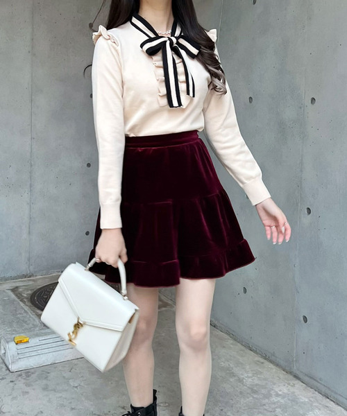 titty＆Co. PETIT by poyo（ティティーアンドコープティバイポヨ）の「【ファッションインフルエンサーPOYO×titty&Co.PETIT】バイカラーリボンニットトップス（ニット/セーター・レディース・アイボリー/ブラック・FREE）」の6枚目の写真