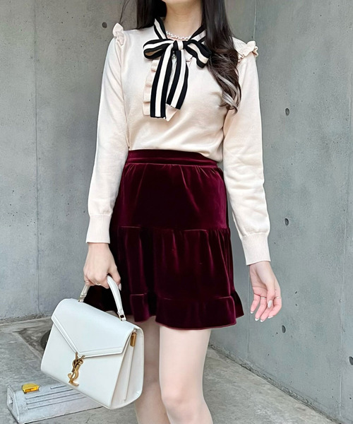 titty＆Co. PETIT by poyo（ティティーアンドコープティバイポヨ）の「【ファッションインフルエンサーPOYO×titty&Co.PETIT】バイカラーリボンニットトップス（ニット/セーター・レディース・アイボリー/ブラック・FREE）」の7枚目の写真