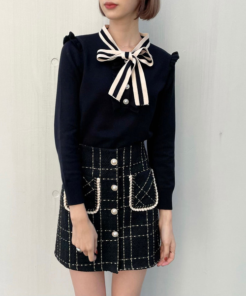 titty＆Co. PETIT by poyo（ティティーアンドコープティバイポヨ）の「【ファッションインフルエンサーPOYO×titty&Co.PETIT】バイカラーリボンニットトップス（ニット/セーター・レディース・アイボリー/ブラック・FREE）」の9枚目の写真