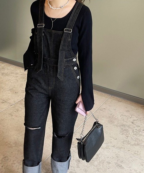 Ezick（エジック）の「ストレートデニムサロペット（サロペット/オーバーオール・レディース・ブラック・FREE）」の9枚目の写真