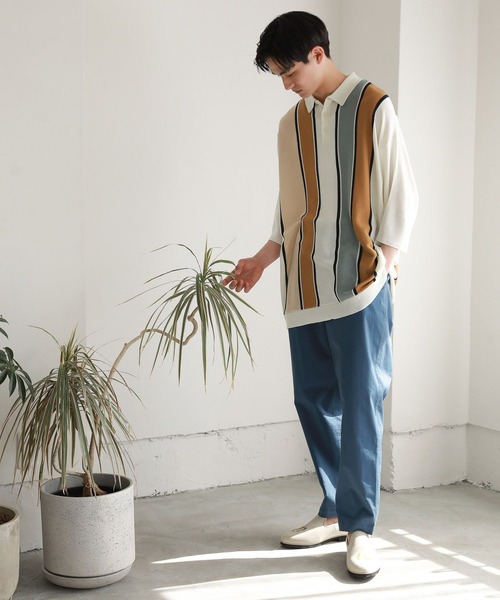 niko and...(ニコアンド)の「アシメストライプニットポロシャツ(ポロシャツ・メンズ・ネイビー/オフホワイト/グリーン・MEDIUM/LARGE)」の5枚目の写真