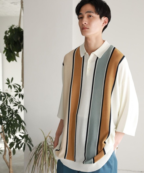 niko and...(ニコアンド)の「アシメストライプニットポロシャツ(ポロシャツ・メンズ・ネイビー/オフホワイト/グリーン・MEDIUM/LARGE)」の6枚目の写真