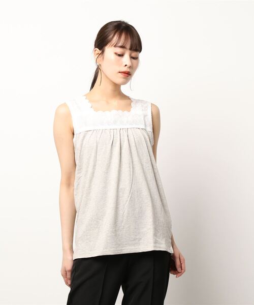 Samansa Mos2（サマンサ モスモス）の「スクエアレースノースリーブ（Tシャツ/カットソー・レディース・ブラック/ベージュ/オフホワイト/キナリ・ﾌﾘ-）」の4枚目の写真