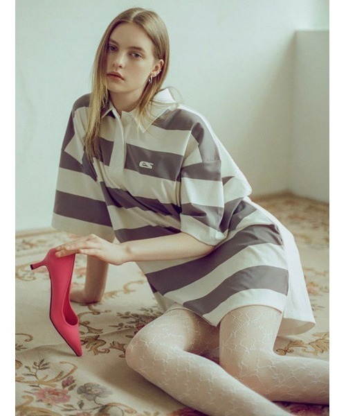 ESC STUDIO（イーエスシースタジオ）の「【ESC STUDIO/イーエスシースタジオ】stripe short sleeve polor shirt/ストライプ 半袖 ポロシャツ オーバーサイズ ボーダーポロシャツ（ポロシャツ・メンズ・ブラック/グレー・ONE SIZE）」の2枚目の写真