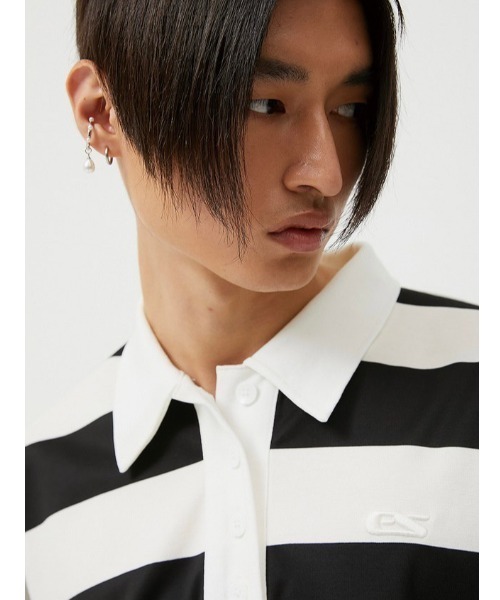 ESC STUDIO（イーエスシースタジオ）の「【ESC STUDIO/イーエスシースタジオ】stripe short sleeve polor shirt/ストライプ 半袖 ポロシャツ オーバーサイズ ボーダーポロシャツ（ポロシャツ・メンズ・ブラック/グレー・ONE SIZE）」の7枚目の写真