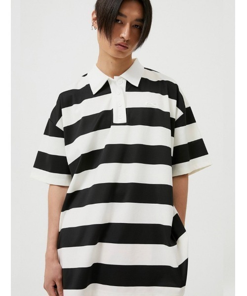ESC STUDIO（イーエスシースタジオ）の「【ESC STUDIO/イーエスシースタジオ】stripe short sleeve polor shirt/ストライプ 半袖 ポロシャツ オーバーサイズ ボーダーポロシャツ（ポロシャツ・メンズ・ブラック/グレー・ONE SIZE）」の14枚目の写真