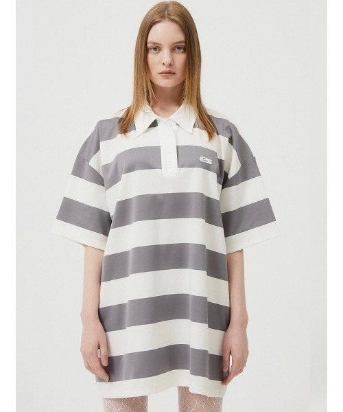 ESC STUDIO（イーエスシースタジオ）の「【ESC STUDIO/イーエスシースタジオ】stripe short sleeve polor shirt/ストライプ 半袖 ポロシャツ オーバーサイズ ボーダーポロシャツ（ポロシャツ・メンズ・ブラック/グレー・ONE SIZE）」の4枚目の写真