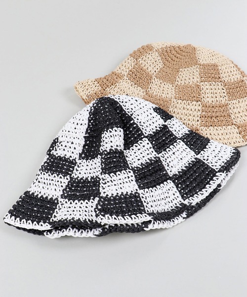 SPINNS（スピンズ）の「チェックデザイン ストローハット（ハット・レディース・ベージュ/ホワイト・ONESIZE）」の5枚目の写真