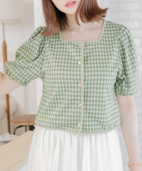 ems excite(エムズエキサイト)の「スクエアギンガムCT(Tシャツ/カットソー・レディース・ホワイト系その他/オレンジ系その他2/グリーン系その他2・FREE)」の1枚目の写真