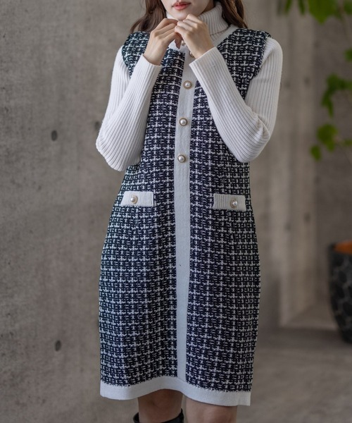 clear（クリア）の「ミドル丈ジャカードニットワンピース（ワンピース・レディース・ホワイト/ブラック/オレンジ/ラベンダー/ブルー・F）」の3枚目の写真