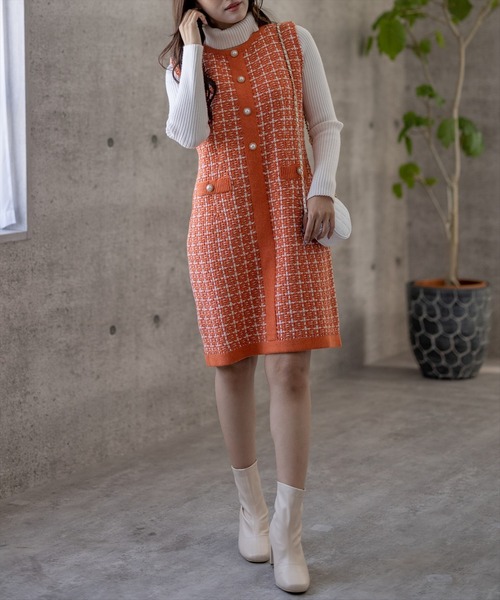 clear（クリア）の「ミドル丈ジャカードニットワンピース（ワンピース・レディース・ホワイト/ブラック/オレンジ/ラベンダー/ブルー・F）」の15枚目の写真