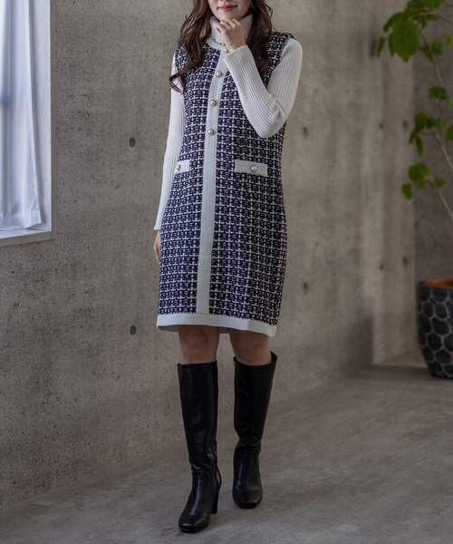 clear（クリア）の「ミドル丈ジャカードニットワンピース（ワンピース・レディース・ホワイト/ブラック/オレンジ/ラベンダー/ブルー・F）」の8枚目の写真