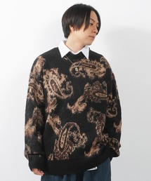 モヘアタッチ 総柄 ビッグクルーニット / モヘア ニット オーバーサイズ クルーネック セーター ビッグニット
