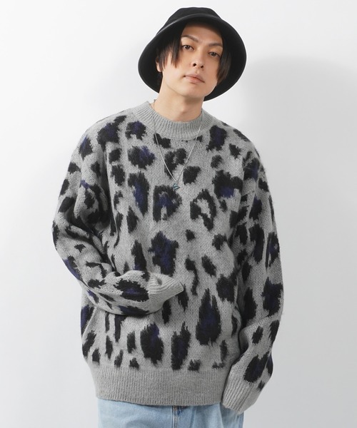 1111clothing(ワンフォークロージング)の「モヘアタッチ 総柄 ビッグクルーニット / モヘア ニット オーバーサイズ クルーネック セーター ビッグニット(ニット/セーター・メンズ・ブラック系/グレー系/ベージュ系/アイボリー系/ブルー系/オレンジ系・M/L)」の1枚目の写真