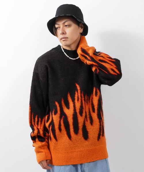 1111clothing(ワンフォークロージング)の「モヘアタッチ 総柄 ビッグクルーニット / モヘア ニット オーバーサイズ クルーネック セーター ビッグニット(ニット/セーター・メンズ・ブラック系/グレー系/ベージュ系/アイボリー系/ブルー系/オレンジ系・M/L)」の6枚目の写真