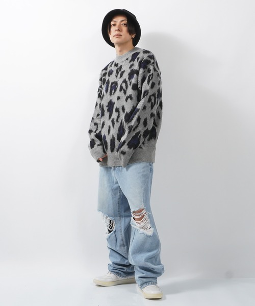 1111clothing(ワンフォークロージング)の「モヘアタッチ 総柄 ビッグクルーニット / モヘア ニット オーバーサイズ クルーネック セーター ビッグニット(ニット/セーター・メンズ・ブラック系/グレー系/ベージュ系/アイボリー系/ブルー系/オレンジ系・M/L)」の18枚目の写真