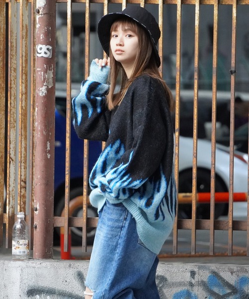 1111clothing(ワンフォークロージング)の「モヘアタッチ 総柄 ビッグクルーニット / モヘア ニット オーバーサイズ クルーネック セーター ビッグニット(ニット/セーター・メンズ・ブラック系/グレー系/ベージュ系/アイボリー系/ブルー系/オレンジ系・M/L)」の14枚目の写真