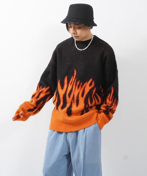 1111clothing(ワンフォークロージング)の「モヘアタッチ 総柄 ビッグクルーニット / モヘア ニット オーバーサイズ クルーネック セーター ビッグニット(ニット/セーター・メンズ・ブラック系/グレー系/ベージュ系/アイボリー系/ブルー系/オレンジ系・M/L)」の10枚目の写真