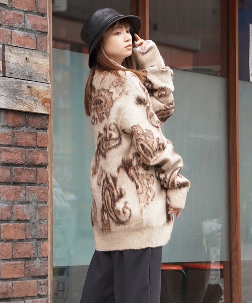 1111clothing(ワンフォークロージング)の「モヘアタッチ 総柄 ビッグクルーニット / モヘア ニット オーバーサイズ クルーネック セーター ビッグニット(ニット/セーター・メンズ・ブラック系/グレー系/ベージュ系/アイボリー系/ブルー系/オレンジ系・M/L)」の7枚目の写真