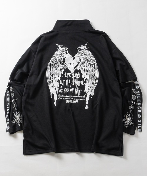 JOHN'S CLOSET（ジョンズクローゼット）の「【31】[新色追加] 2WAY SLEEVE グラフィックプリント ハーフジップ 半袖/ロンT/ギミック（Tシャツ/カットソー・レディース・ホワイト/ブラック/ブラック系/ホワイト系/サックスブルー/ホワイト系1/ブラック系1/ホワイト系2/ブラック系2・LARGE/MEDIUM）」の13枚目の写真