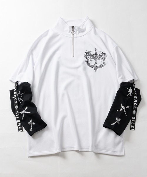 JOHN'S CLOSET（ジョンズクローゼット）の「【31】[新色追加] 2WAY SLEEVE グラフィックプリント ハーフジップ 半袖/ロンT/ギミック（Tシャツ/カットソー・レディース・ホワイト/ブラック/ブラック系/ホワイト系/サックスブルー/ホワイト系1/ブラック系1/ホワイト系2/ブラック系2・LARGE/MEDIUM）」の22枚目の写真