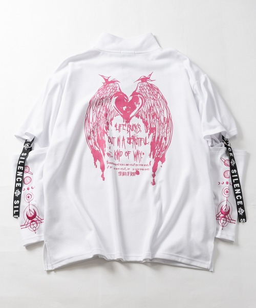 JOHN'S CLOSET（ジョンズクローゼット）の「【31】[新色追加] 2WAY SLEEVE グラフィックプリント ハーフジップ 半袖/ロンT/ギミック（Tシャツ/カットソー・レディース・ホワイト/ブラック/ブラック系/ホワイト系/サックスブルー/ホワイト系1/ブラック系1/ホワイト系2/ブラック系2・LARGE/MEDIUM）」の17枚目の写真
