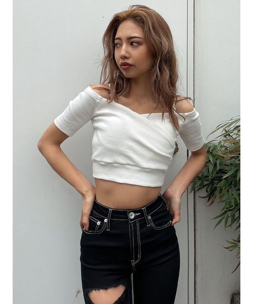 tシャツ ハーフスリーブカシュクールオフショルショートトップス レディース ハーフスリーブカシュクールオフショルショートトップス（T