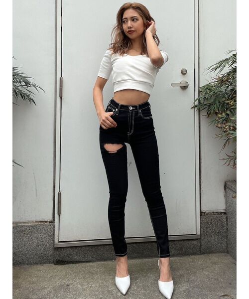 GYDA（ジェイダ）の「ハーフスリーブカシュクールオフショルショートTOPS（Tシャツ/カットソー・レディース・オレンジ/ブラック/オフホワイト・FREE）」の8枚目の写真