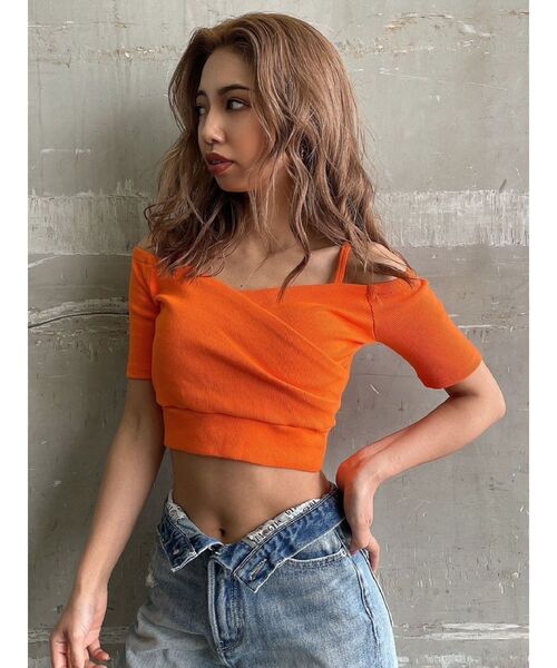 GYDA（ジェイダ）の「ハーフスリーブカシュクールオフショルショートTOPS（Tシャツ/カットソー・レディース・オレンジ/ブラック/オフホワイト・FREE）」の11枚目の写真
