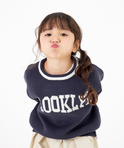 MAKE YOUR DAY（メイクユアデイ）の「BROOKLYNロゴジャガードニット■80～140cm（ニット/セーター・キッズ・マスタード/ネイビー・120/100/130/80/90/110/140）」の2枚目の写真