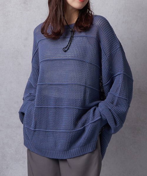 Lull（ルル）の「【Lull / ルル】ボーダーメッシュニット（ニット/セーター・レディース・アイボリー/ブラック/グリーン/ブルー・ONESIZE）」の4枚目の写真