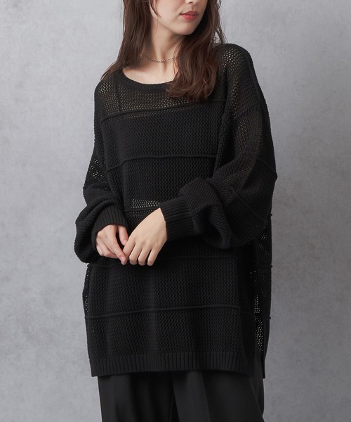 Lull（ルル）の「【Lull / ルル】ボーダーメッシュニット（ニット/セーター・レディース・アイボリー/ブラック/グリーン/ブルー・ONESIZE）」の5枚目の写真