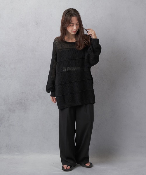 Lull（ルル）の「【Lull / ルル】ボーダーメッシュニット（ニット/セーター・レディース・アイボリー/ブラック/グリーン/ブルー・ONESIZE）」の15枚目の写真