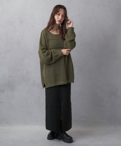 Lull（ルル）の「【Lull / ルル】ボーダーメッシュニット（ニット/セーター・レディース・アイボリー/ブラック/グリーン/ブルー・ONESIZE）」の17枚目の写真