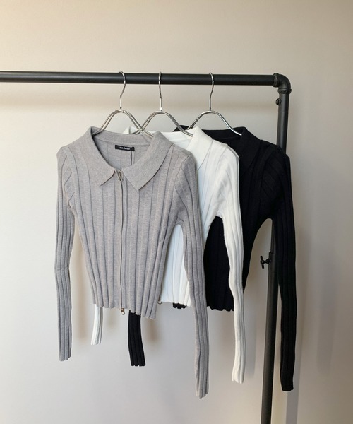 【全2色】襟付き半袖ニットトップ　ベージュ ブラック　【250602top3】( jmam )(250603) SLY | DUAL COLOR FRONT ZIP KNIT トップス (ニット ) |SHEL